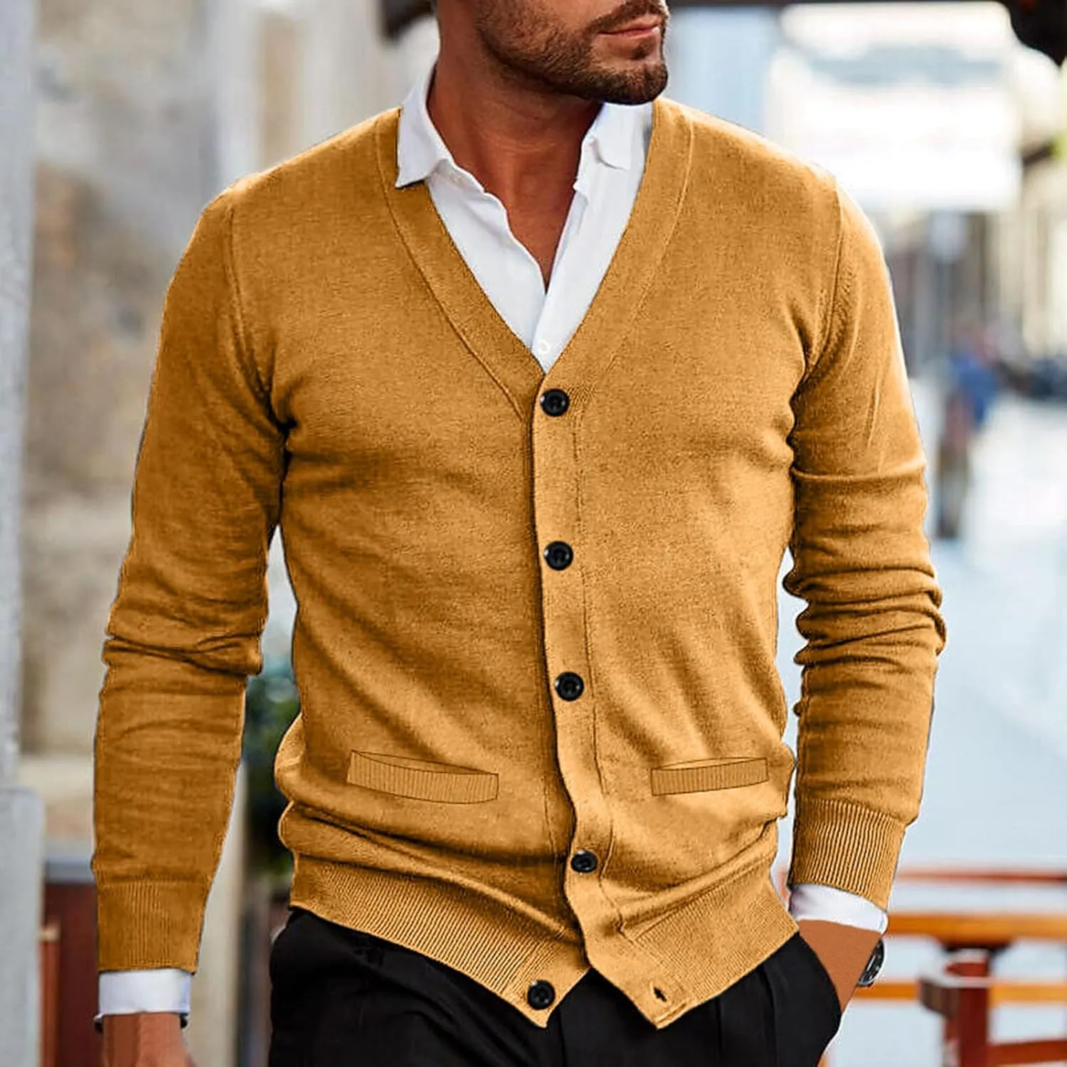 Men's Vintage Solid Long Sleeve Cardigan Sweater with Button V Neck Knitted Sweaters Casual Relaxe Fit Sweaters
