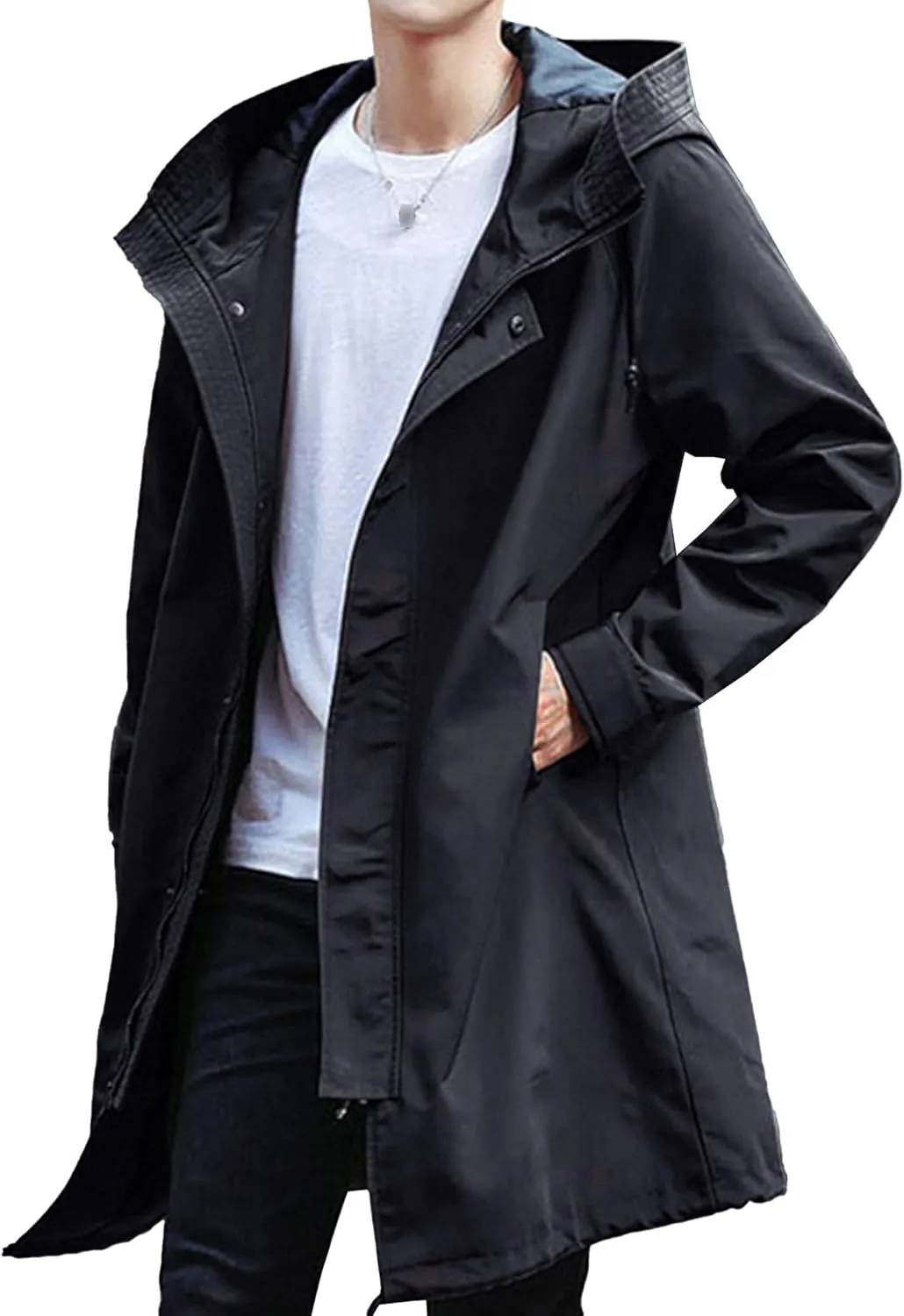 Men's Windbreaker Hooded Trench Coat Casual Lightweight Windproof Mid Long Overcoat Spring Fall Slim fit Jacket (Black 1,XX-Large)
