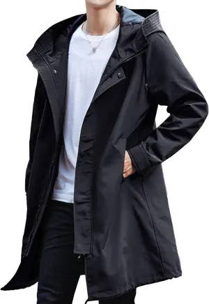 Men's Windbreaker Hooded Trench Coat Casual Lightweight Windproof Mid Long Overcoat Spring Fall Slim fit Jacket (Black 1,XX-Large)