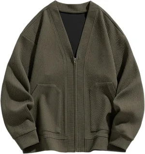 Men's Zip Up Cardigan Sweater Fashion Slim Plain V Neck Knitwear Jacket Fall Warm Long Sleeve Casual Coat with Pockets 2024