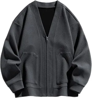Men's Zip Up Cardigan Sweater Fashion Slim Plain V Neck Knitwear Jacket Fall Warm Long Sleeve Casual Coat with Pockets 2024