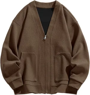 Men's Zip Up Cardigan Sweater Fashion Slim Plain V Neck Knitwear Jacket Fall Warm Long Sleeve Casual Coat with Pockets 2024
