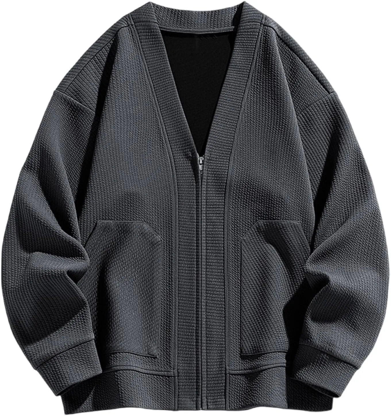 Men's Zip Up Cardigan Sweater Fashion Slim Plain V Neck Knitwear Jacket Fall Warm Long Sleeve Casual Coat with Pockets 2024