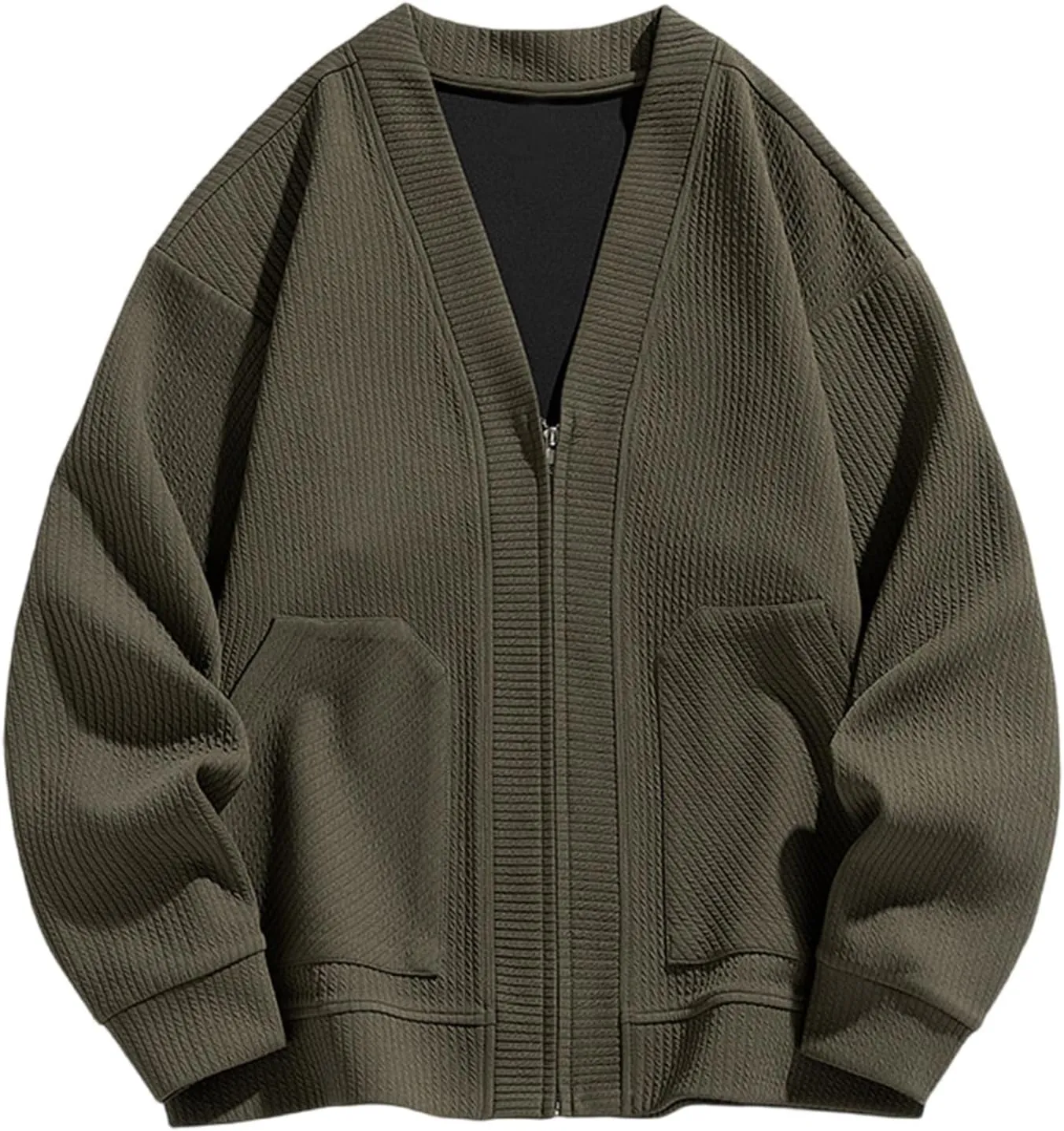 Men's Zip Up Cardigan Sweater Fashion Slim Plain V Neck Knitwear Jacket Fall Warm Long Sleeve Casual Coat with Pockets 2024