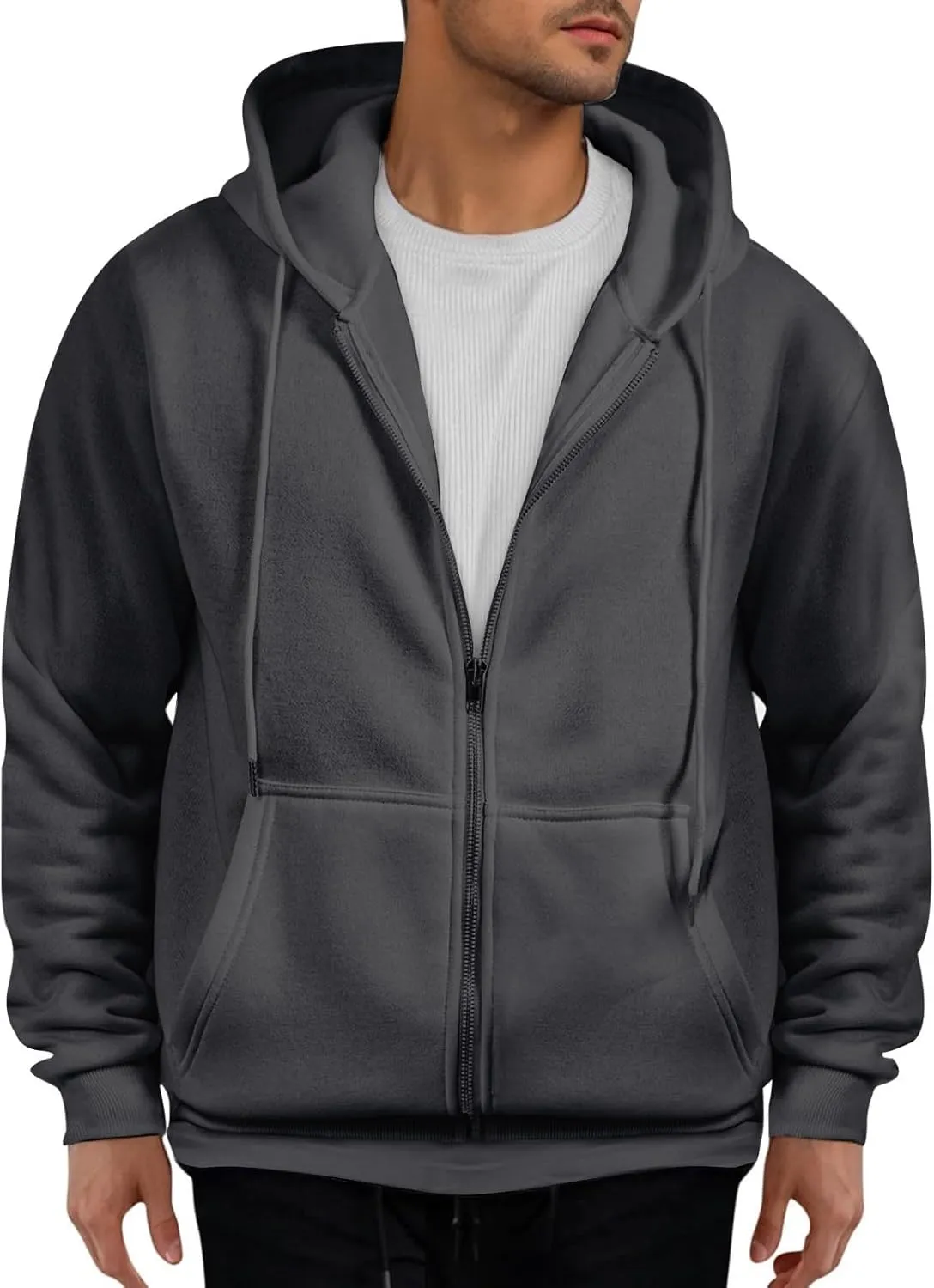 Mens Zip Up Hoodie Lightweight Long Sleeve Fleece Jackets Loose Sport Full Zip Oversized Sweatshirt with Pockets