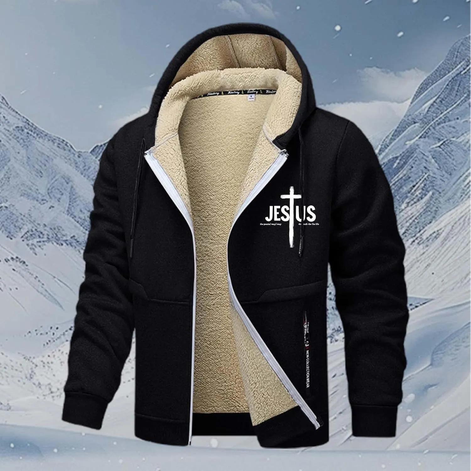 Mens Zip up Hoodie Warm Sherpa Fleece Lined Winter Jackets Casual Long Sleeve Hooded Drawstring Coats with Pockets