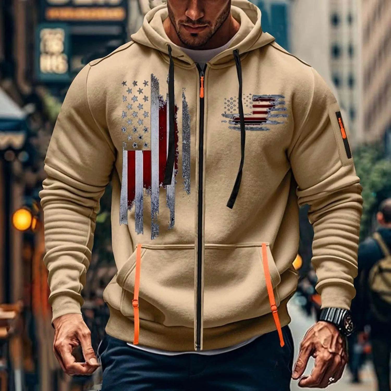 Mens Zip Up USA Flag Print Hoodies Casual Long Sleeve Drawstring Shirts Comfort Patriotic Sweatshirt with Pockets
