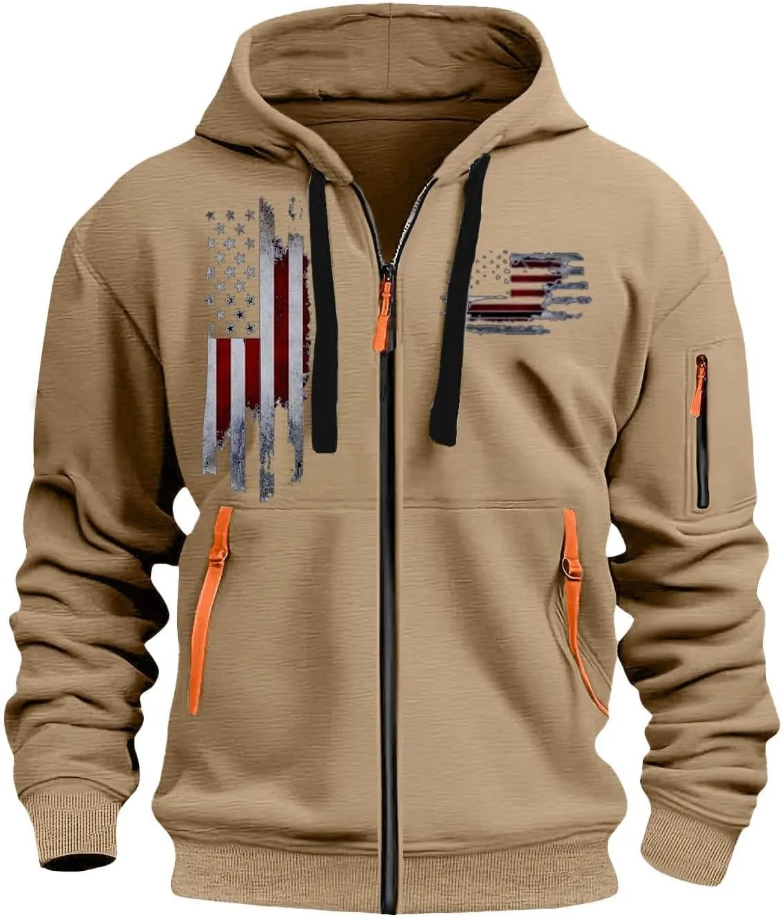 Mens Zip Up USA Flag Print Hoodies Casual Long Sleeve Drawstring Shirts Comfort Patriotic Sweatshirt with Pockets