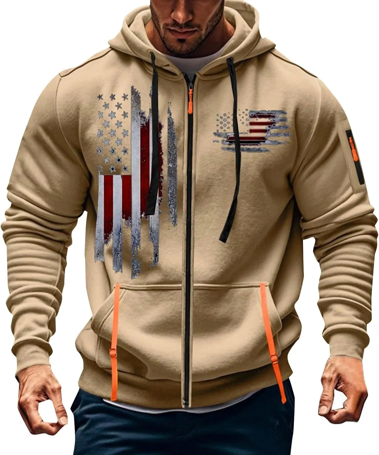 Mens Zip Up USA Flag Print Hoodies Casual Long Sleeve Drawstring Shirts Comfort Patriotic Sweatshirt with Pockets