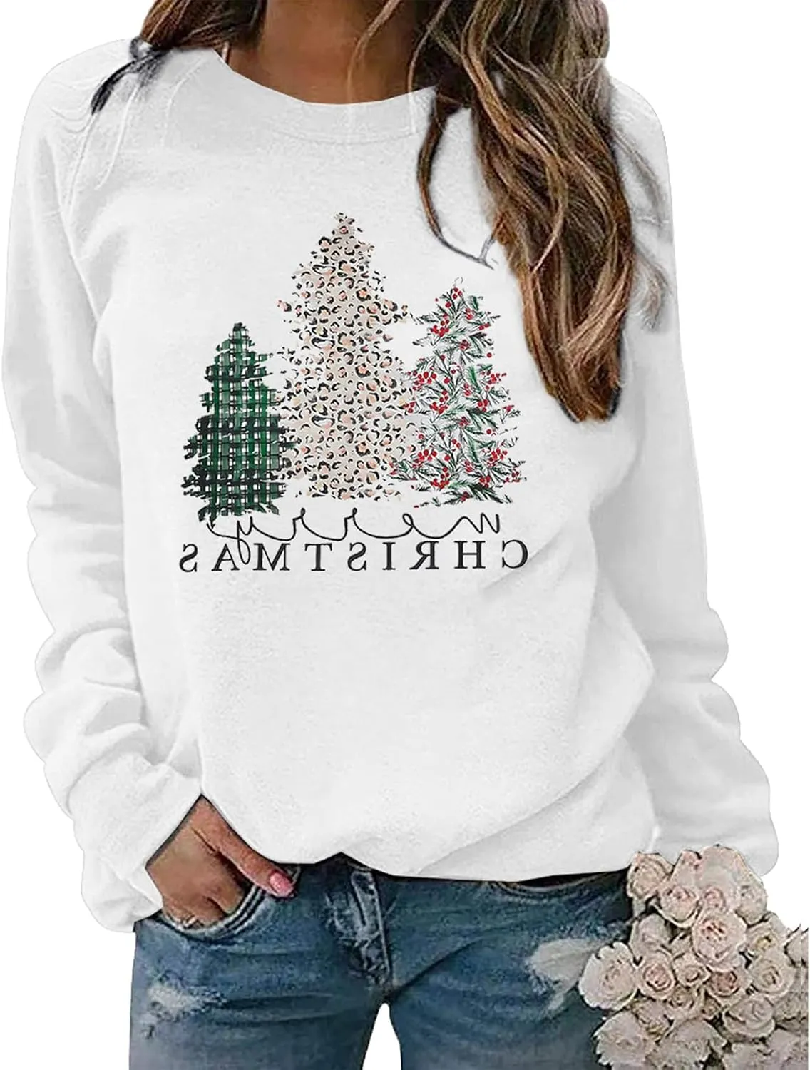 Merry Christmas Sweatshirt for Women 2024 Xmas Tree Fashion Graphic Shirt Holiday Long Sleeve Crewneck Pullover Tops