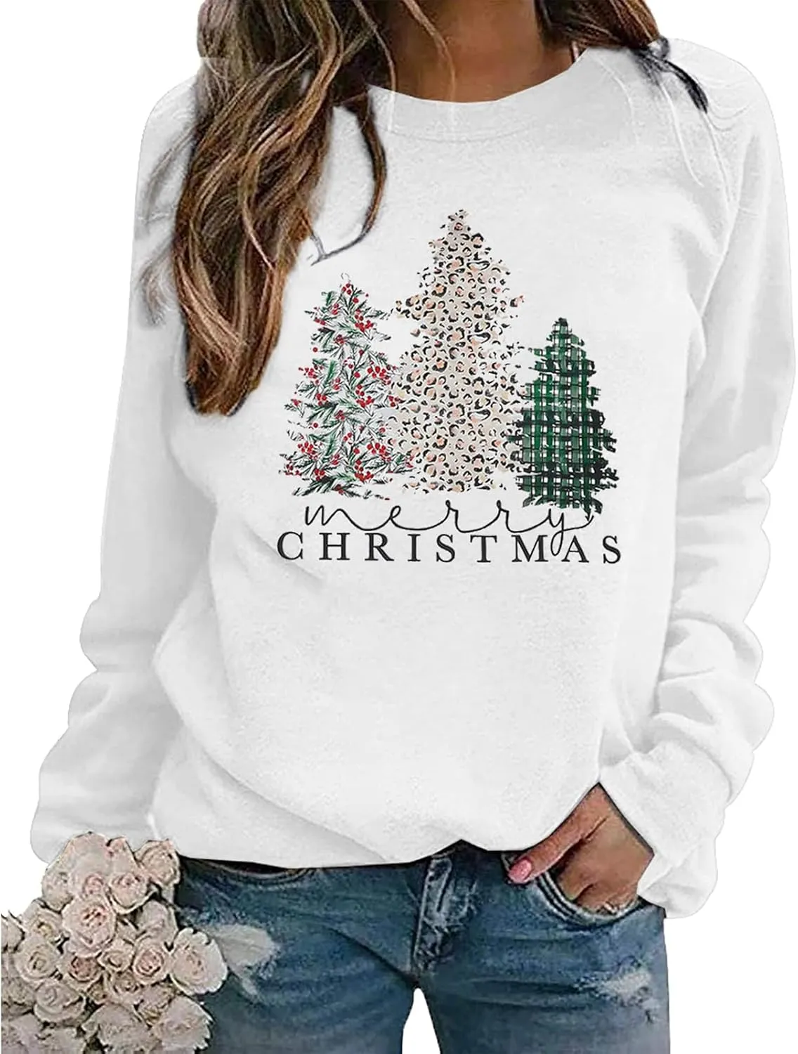Merry Christmas Sweatshirt for Women 2024 Xmas Tree Fashion Graphic Shirt Holiday Long Sleeve Crewneck Pullover Tops