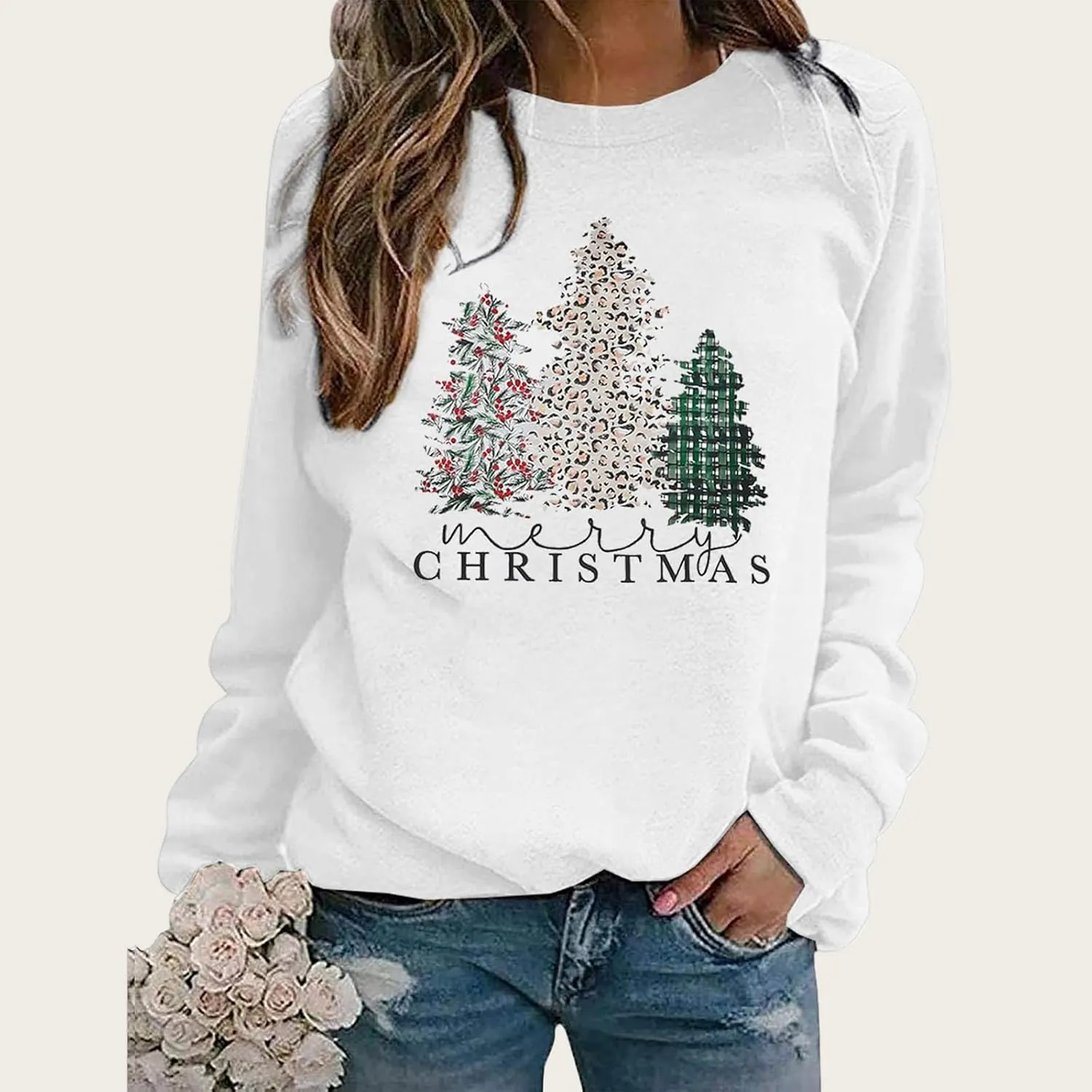 Merry Christmas Sweatshirt for Women 2024 Xmas Tree Fashion Graphic Shirt Holiday Long Sleeve Crewneck Pullover Tops