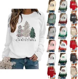 Merry Christmas Sweatshirt for Women 2024 Xmas Tree Fashion Graphic Shirt Holiday Long Sleeve Crewneck Pullover Tops
