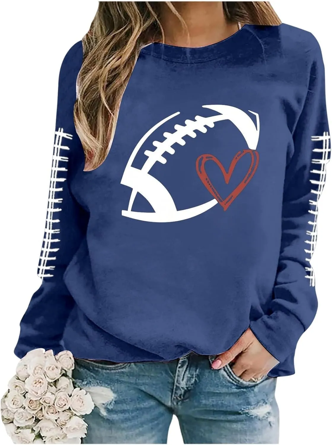 Mmoneyake Football Sweatshirts for Women Crewneck Long Sleeve Football Game Day Sweatshirts Pullover Hoodies Graphic T-Shirts