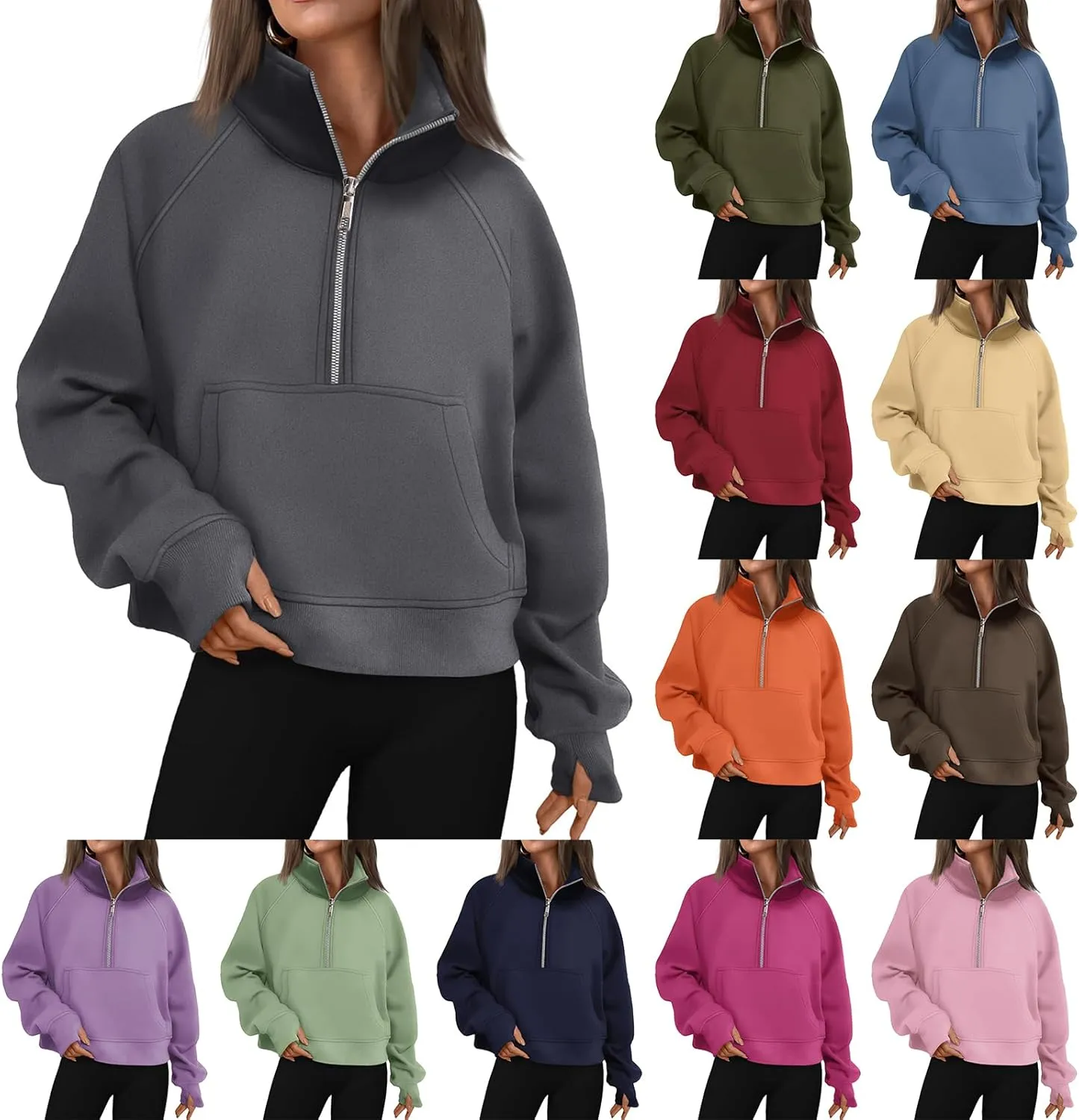 Mmoneyake Sweatshirt for Women Fleece Lined Half Zip Cropped Pullover Long Sleeve Oversized Sweatshirts Warm Pullover Tops