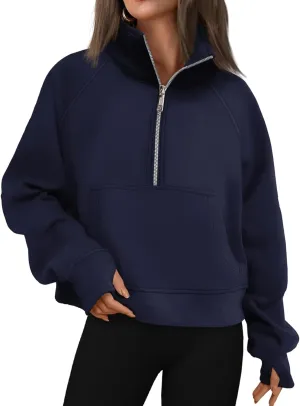 Mmoneyake Sweatshirt for Women Fleece Lined Half Zip Cropped Pullover Long Sleeve Oversized Sweatshirts Warm Pullover Tops