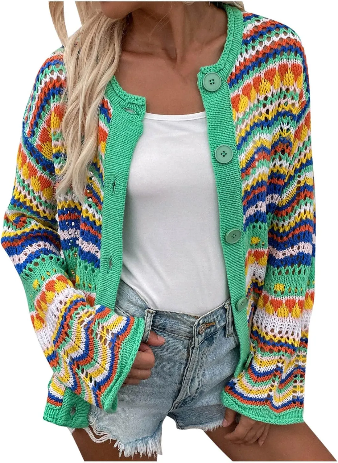 Oplxuo Women's Cardigan Sweaters Tops Ladies Sexy Hollow Out Rainbow Coats Crochet Knit Outwear Long Sleeve Button Cardigans