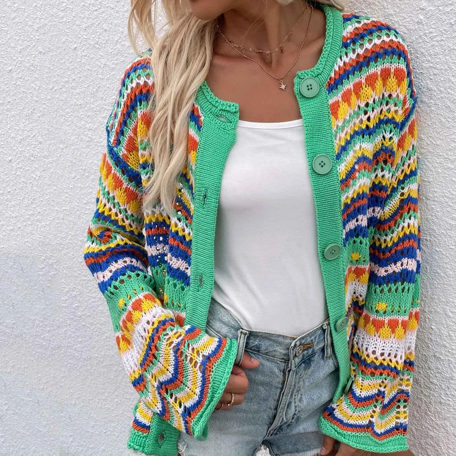 Oplxuo Women's Cardigan Sweaters Tops Ladies Sexy Hollow Out Rainbow Coats Crochet Knit Outwear Long Sleeve Button Cardigans