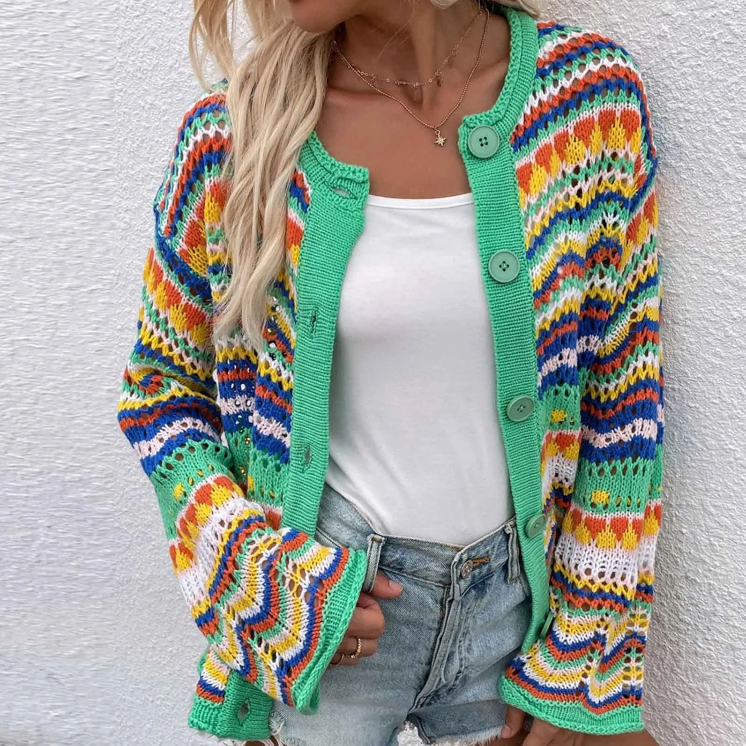 Oplxuo Women's Cardigan Sweaters Tops Ladies Sexy Hollow Out Rainbow Coats Crochet Knit Outwear Long Sleeve Button Cardigans
