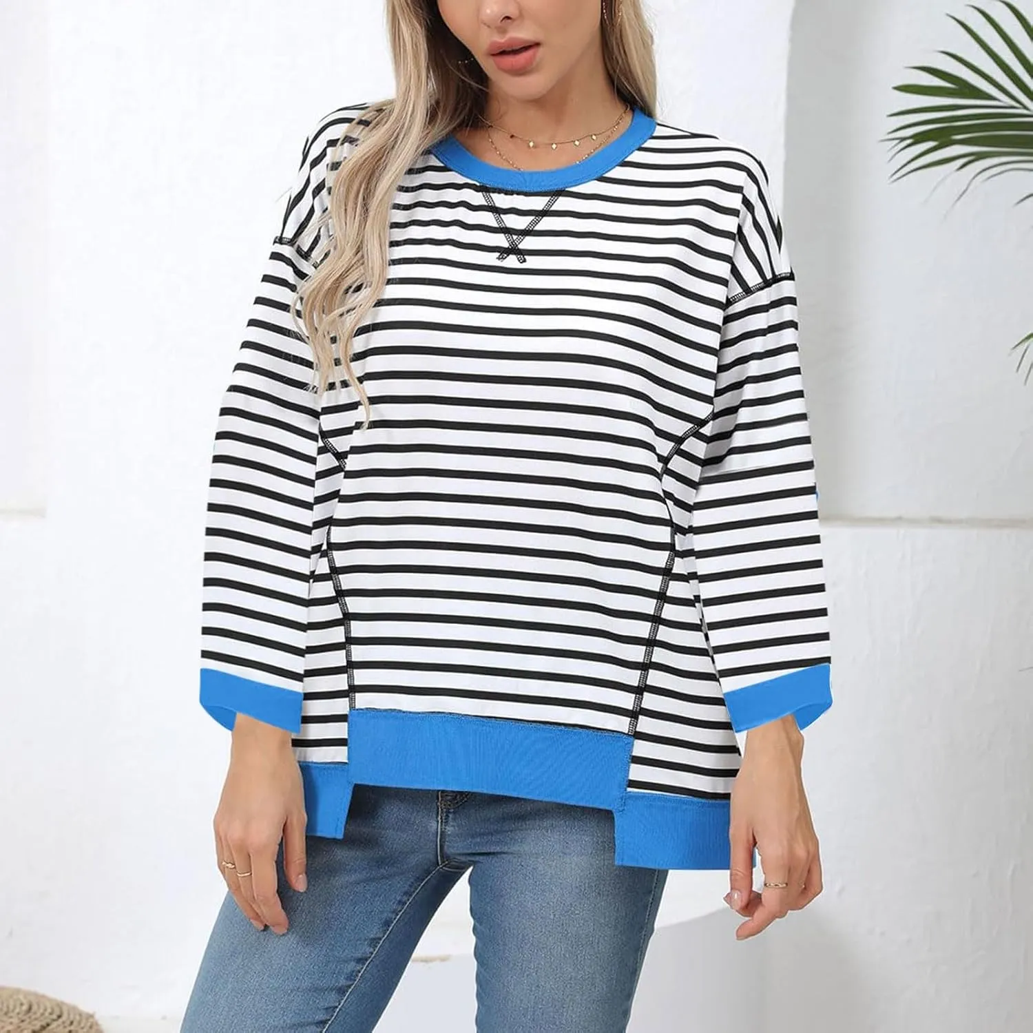 Oversize Splicing Striped Sweatshirts for Womens Pullover Tops Trendy Round Neck Long Sleeve Casual Soft Sweatshirt