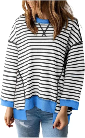 Oversize Splicing Striped Sweatshirts for Womens Pullover Tops Trendy Round Neck Long Sleeve Casual Soft Sweatshirt