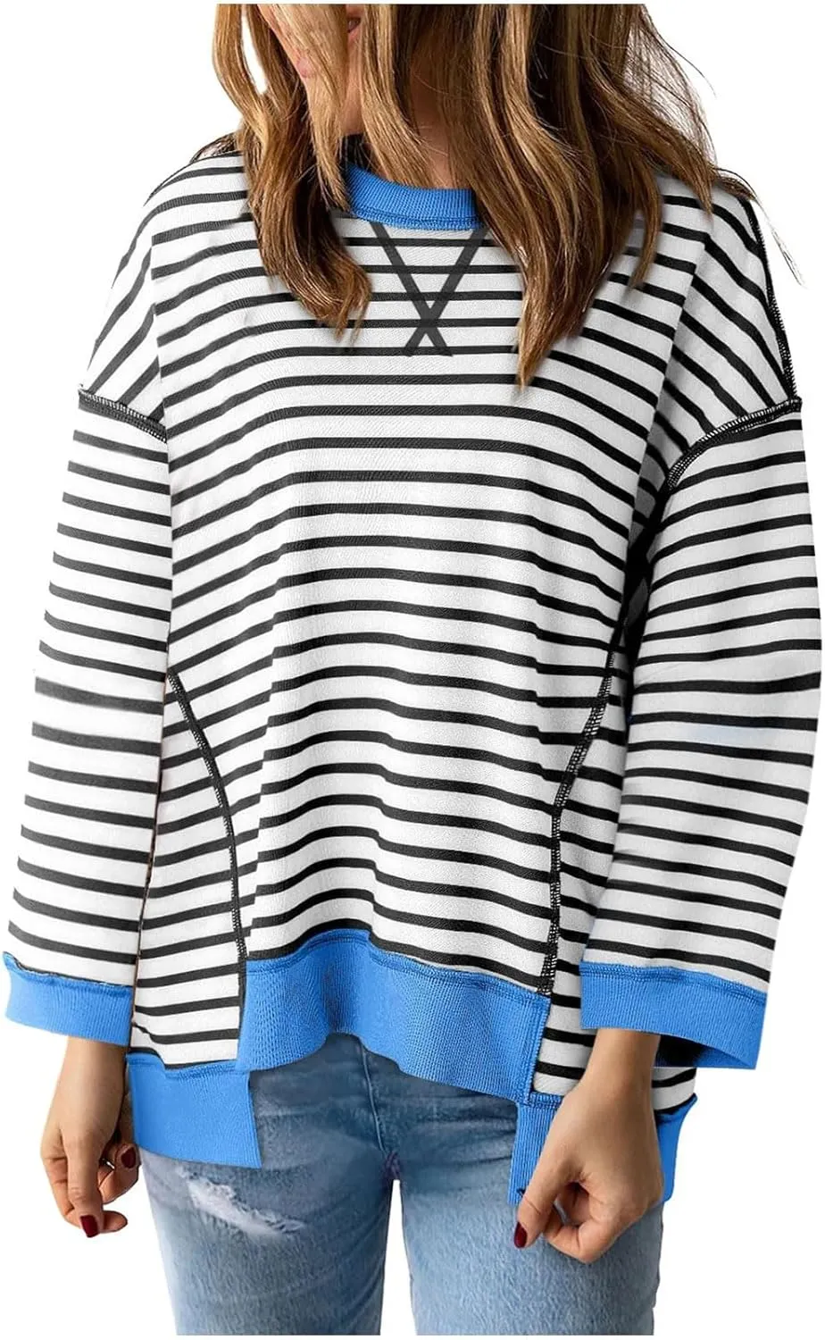 Oversize Splicing Striped Sweatshirts for Womens Pullover Tops Trendy Round Neck Long Sleeve Casual Soft Sweatshirt