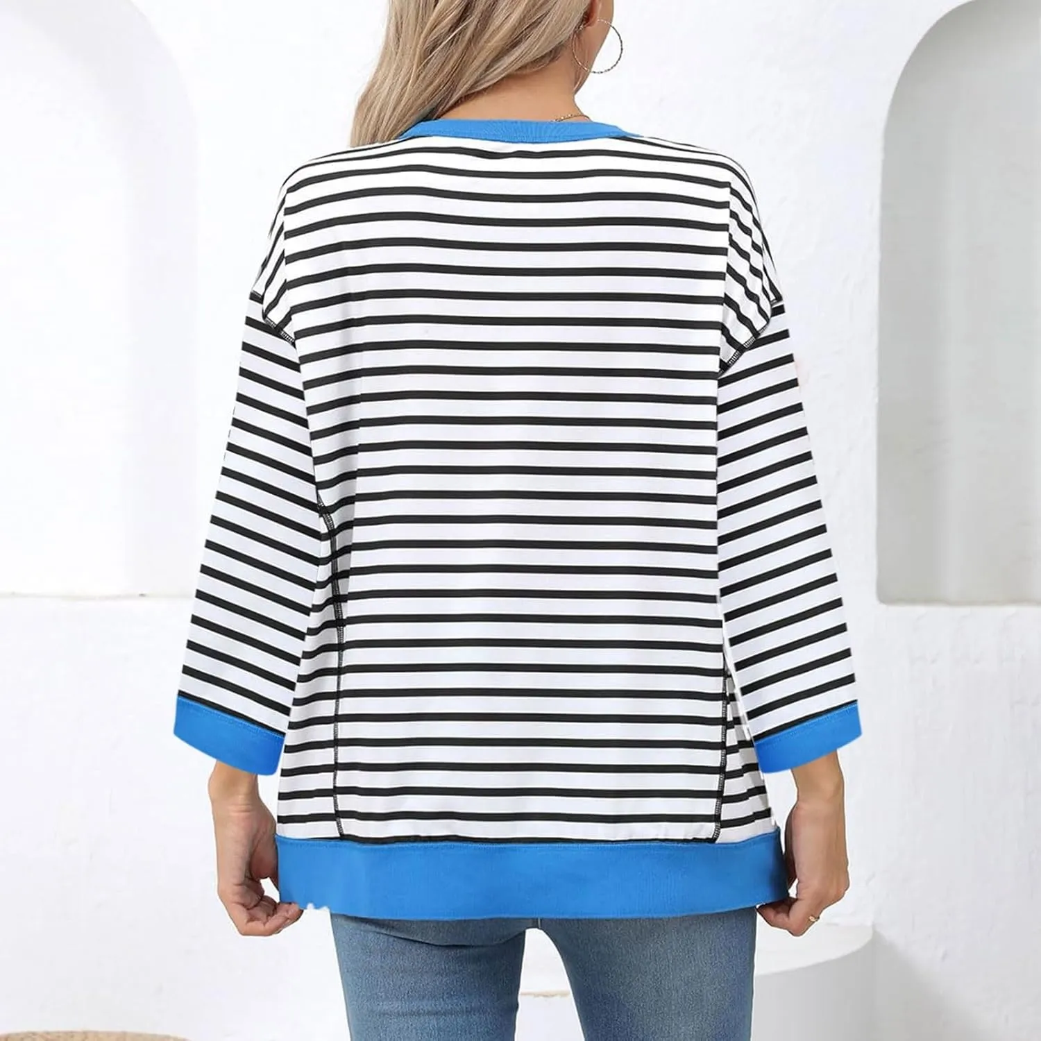 Oversize Splicing Striped Sweatshirts for Womens Pullover Tops Trendy Round Neck Long Sleeve Casual Soft Sweatshirt