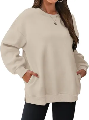 Oversized Crewneck Sweatshirts for Women Soft Fleece Long Sleeve Casual Cute Pullover Top Comfy Fall Clothes Pocket