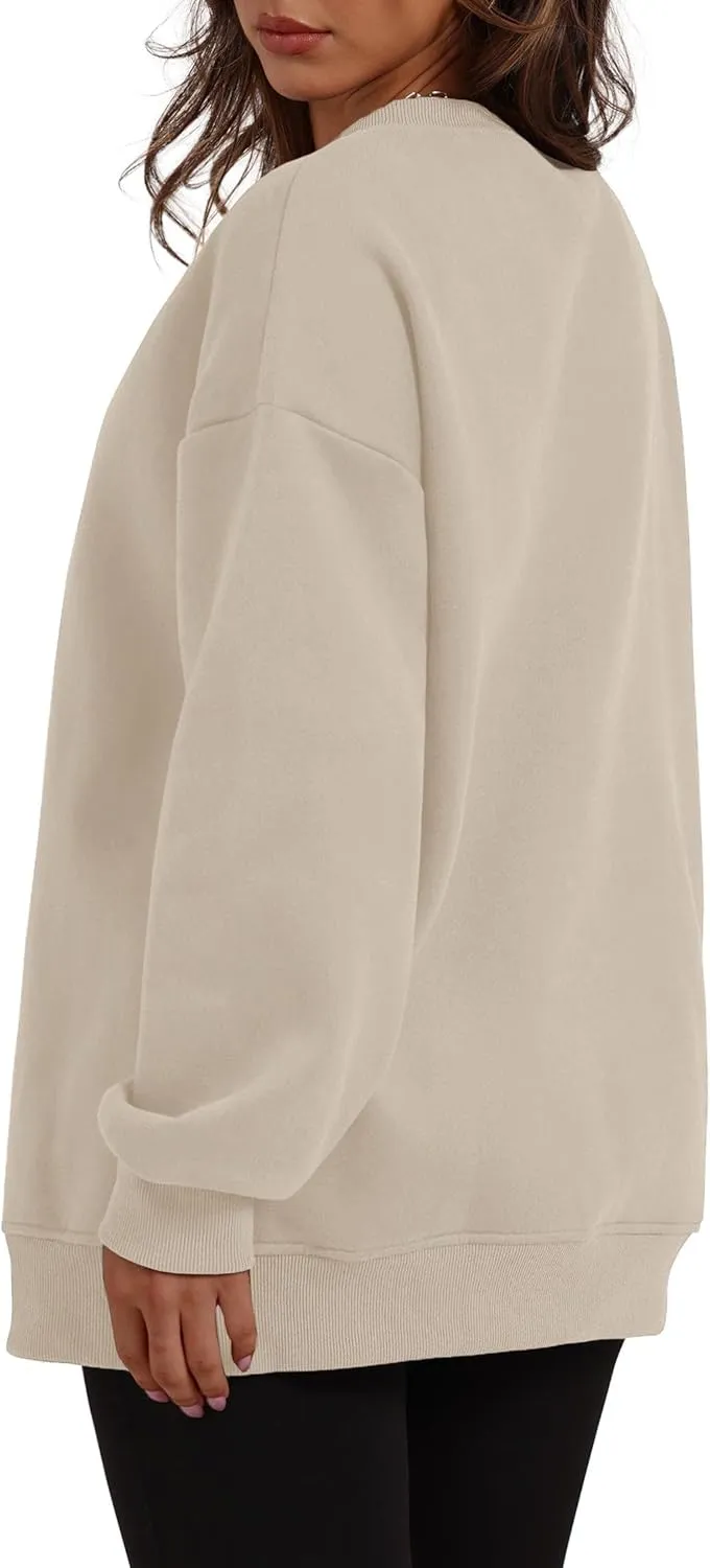 Oversized Crewneck Sweatshirts for Women Soft Fleece Long Sleeve Casual Cute Pullover Top Comfy Fall Clothes Pocket