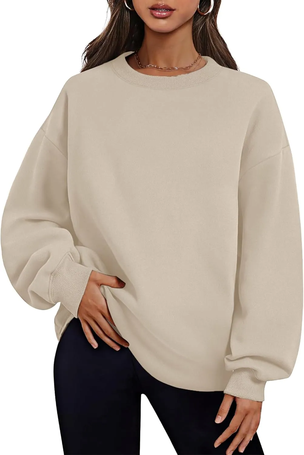 Oversized Crewneck Sweatshirts for Women Soft Fleece Long Sleeve Casual Cute Pullover Top Comfy Fall Clothes Pocket