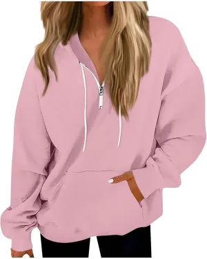 Oversized Hoodies for Women Y2k Trendy Fleece Quarter Zip Pullover Drawstring Long Sleeve Hooded Sweatshirt w/Pockets