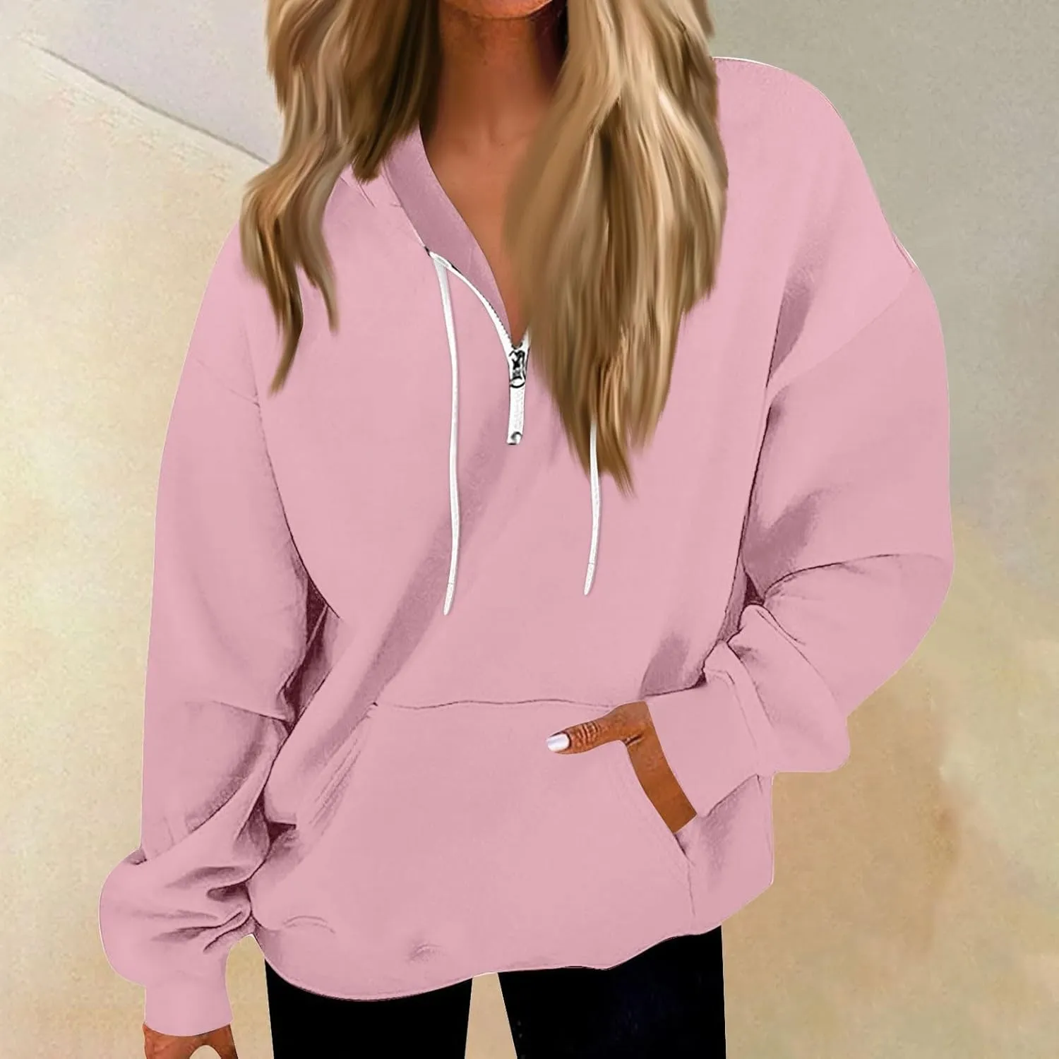 Oversized Hoodies for Women Y2k Trendy Fleece Quarter Zip Pullover Drawstring Long Sleeve Hooded Sweatshirt w/Pockets