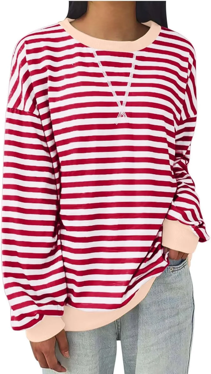 Oversized Striped Hoodie for Women Fashion Loose Fit Drop Shoulder Round Neck Tops Casual Fall Workout Sweatshirts