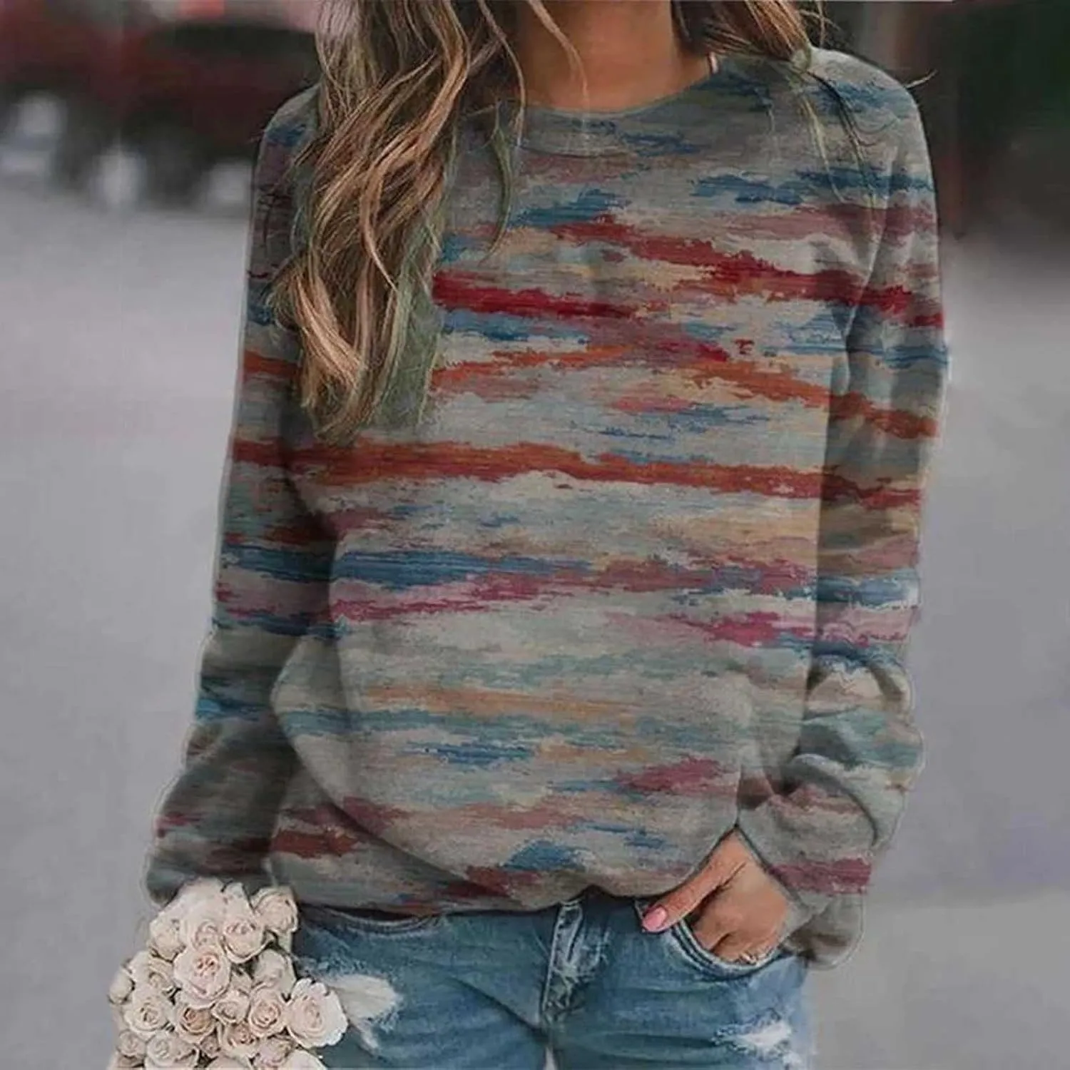 Oversized Sweatshirt for Women Crew Neck Floral Print Casual Loose Fit Pullover Tops Long Sleeve Fleece Sweater Blouse
