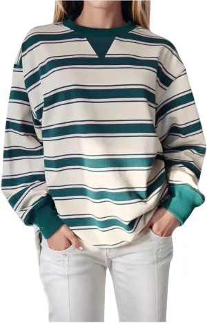 Oversized Sweatshirt for Women Striped Print Lightweight Crewneck Long Sleeve Pullover Tops Fall Workout Loose Hoodie