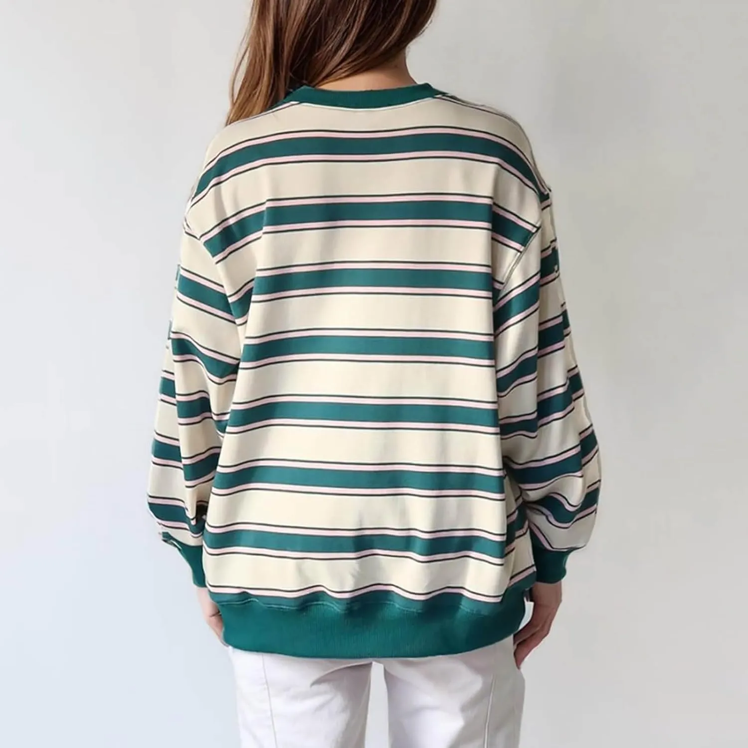 Oversized Sweatshirt for Women Striped Print Lightweight Crewneck Long Sleeve Pullover Tops Fall Workout Loose Hoodie