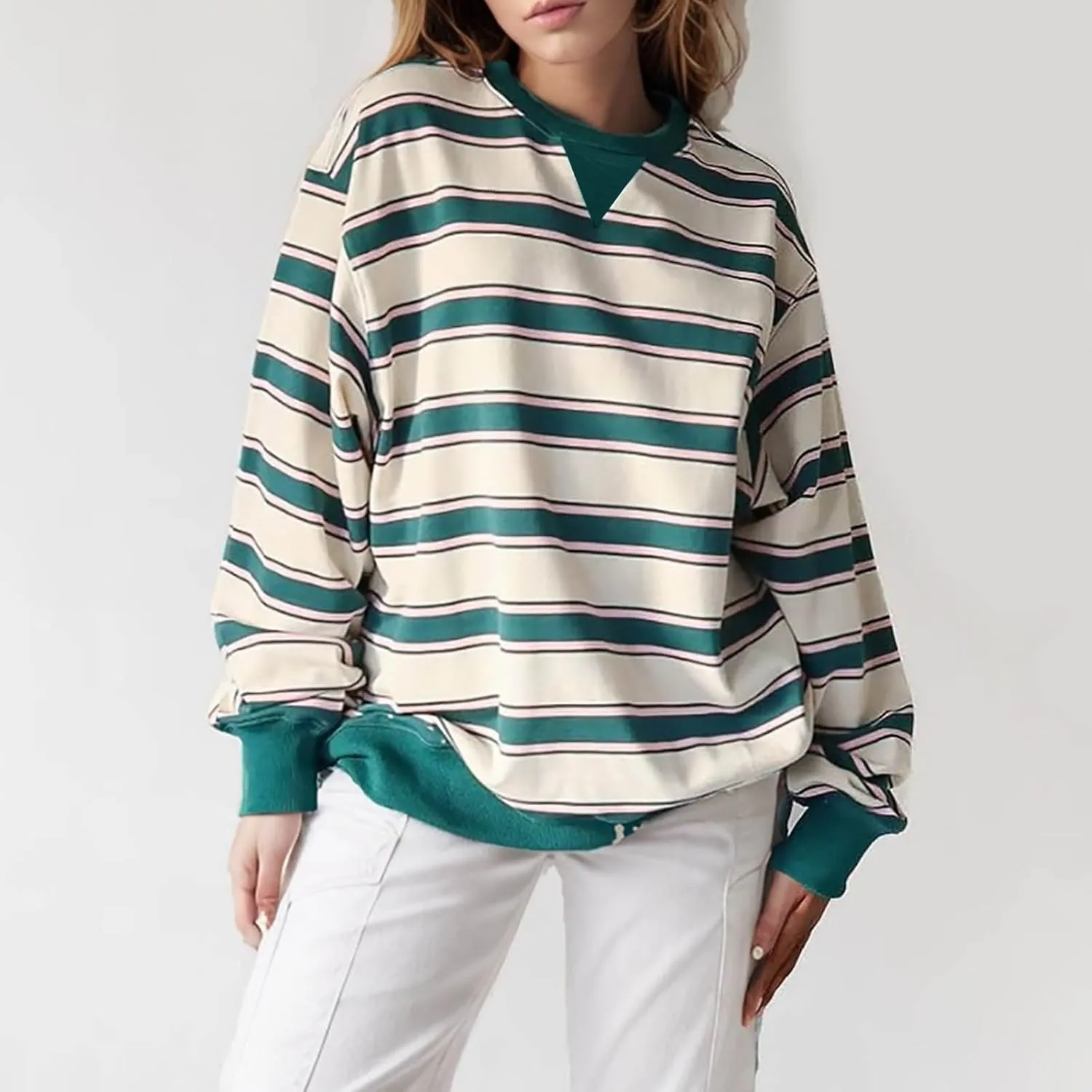 Oversized Sweatshirt for Women Striped Print Lightweight Crewneck Long Sleeve Pullover Tops Fall Workout Loose Hoodie