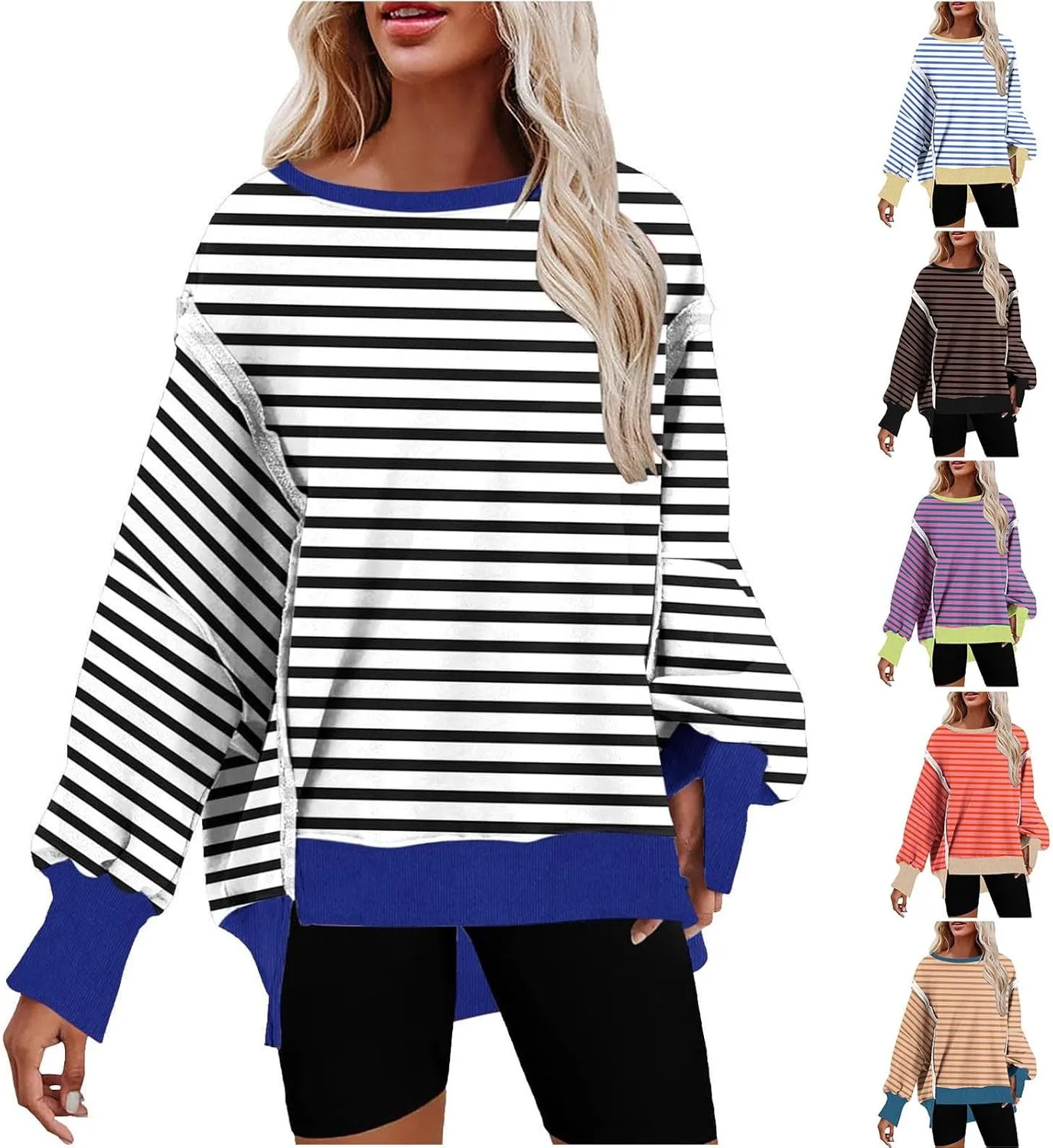 Oversized Sweatshirts for Women Loose Fit Striped High Low Asymmetrical Hem Hoodie Long Sleeve Round Neck Sweatshirts