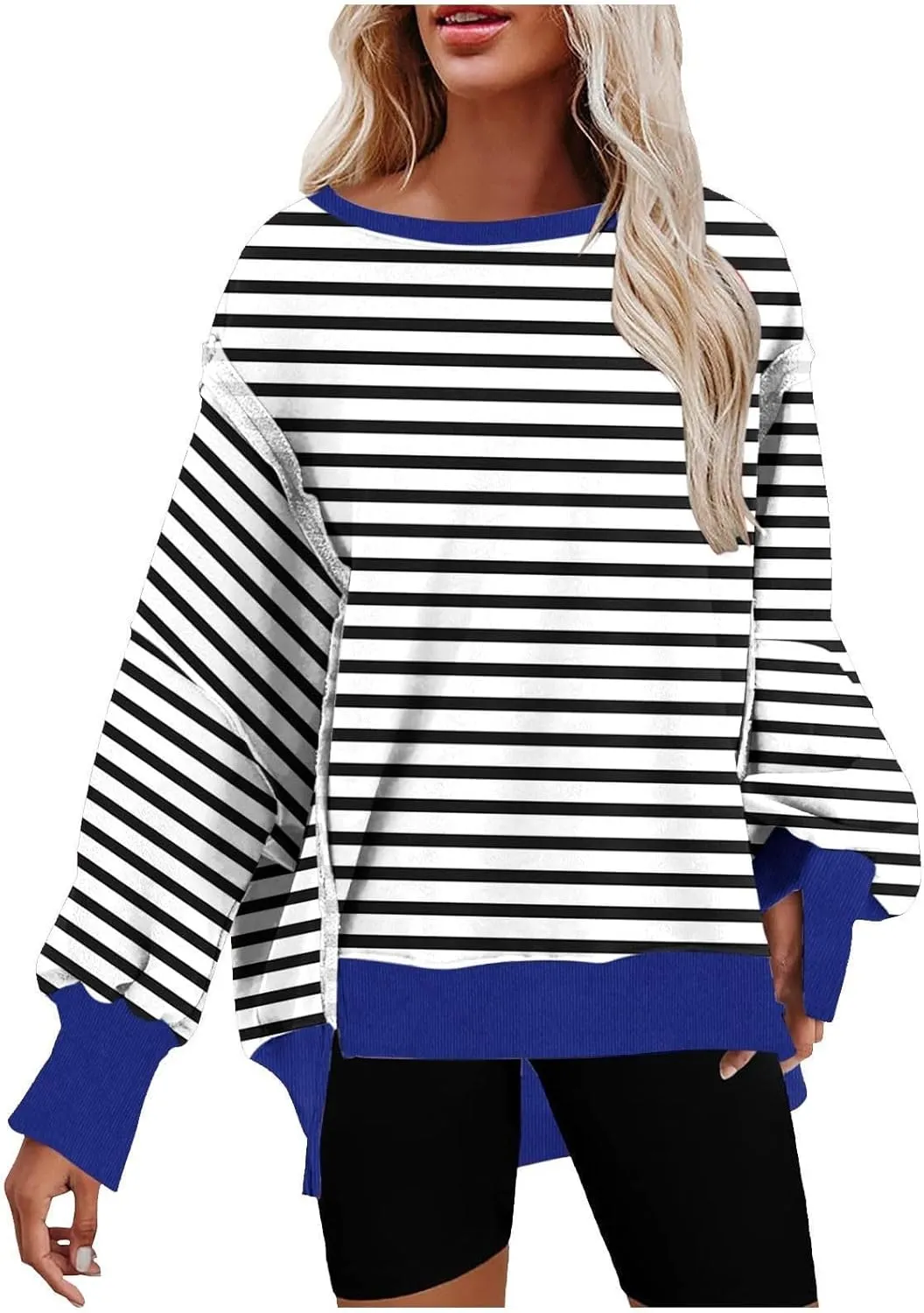 Oversized Sweatshirts for Women Loose Fit Striped High Low Asymmetrical Hem Hoodie Long Sleeve Round Neck Sweatshirts