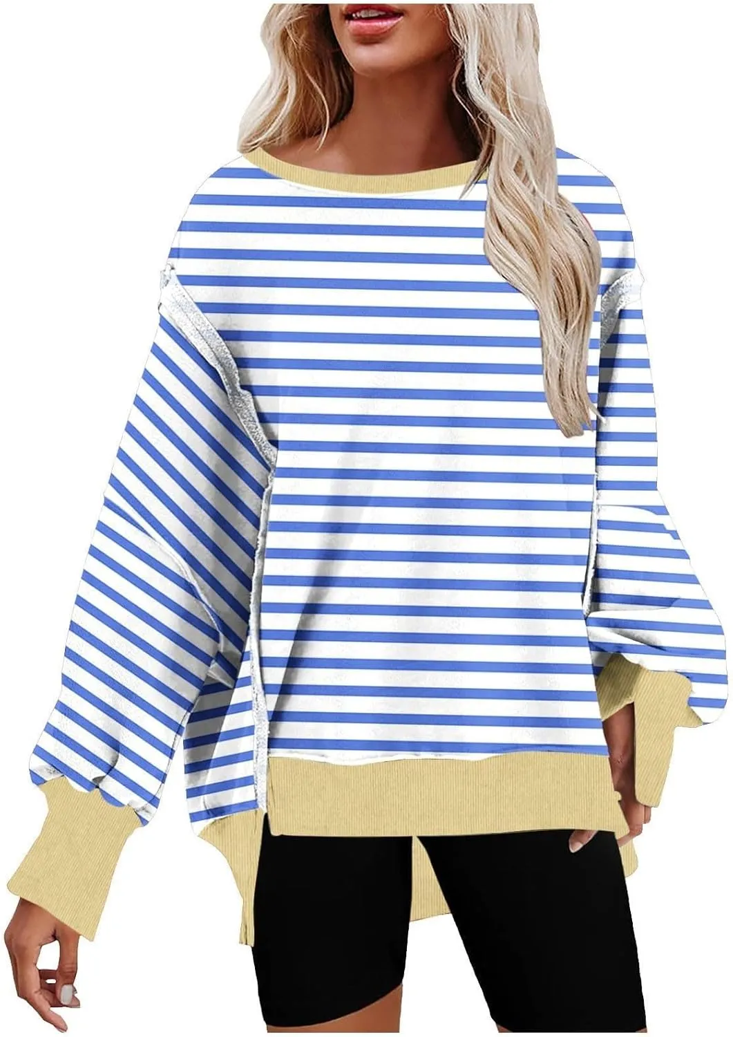 Oversized Sweatshirts for Women Loose Fit Striped High Low Asymmetrical Hem Hoodie Long Sleeve Round Neck Sweatshirts