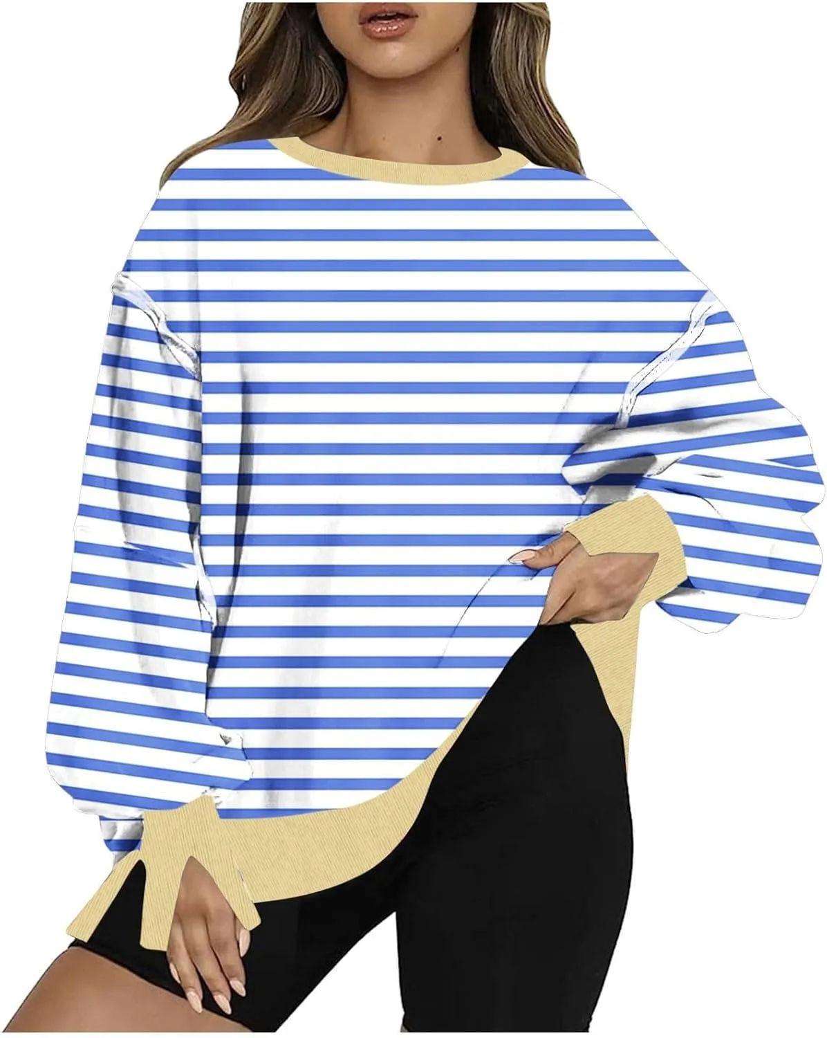 Oversized Sweatshirts for Women Loose Fit Striped High Low Asymmetrical Hem Hoodie Long Sleeve Round Neck Sweatshirts
