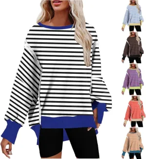 Oversized Sweatshirts for Women Loose Fit Striped High Low Asymmetrical Hem Hoodie Long Sleeve Round Neck Sweatshirts