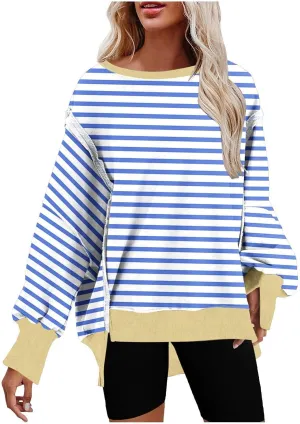 Oversized Sweatshirts for Women Loose Fit Striped High Low Asymmetrical Hem Hoodie Long Sleeve Round Neck Sweatshirts