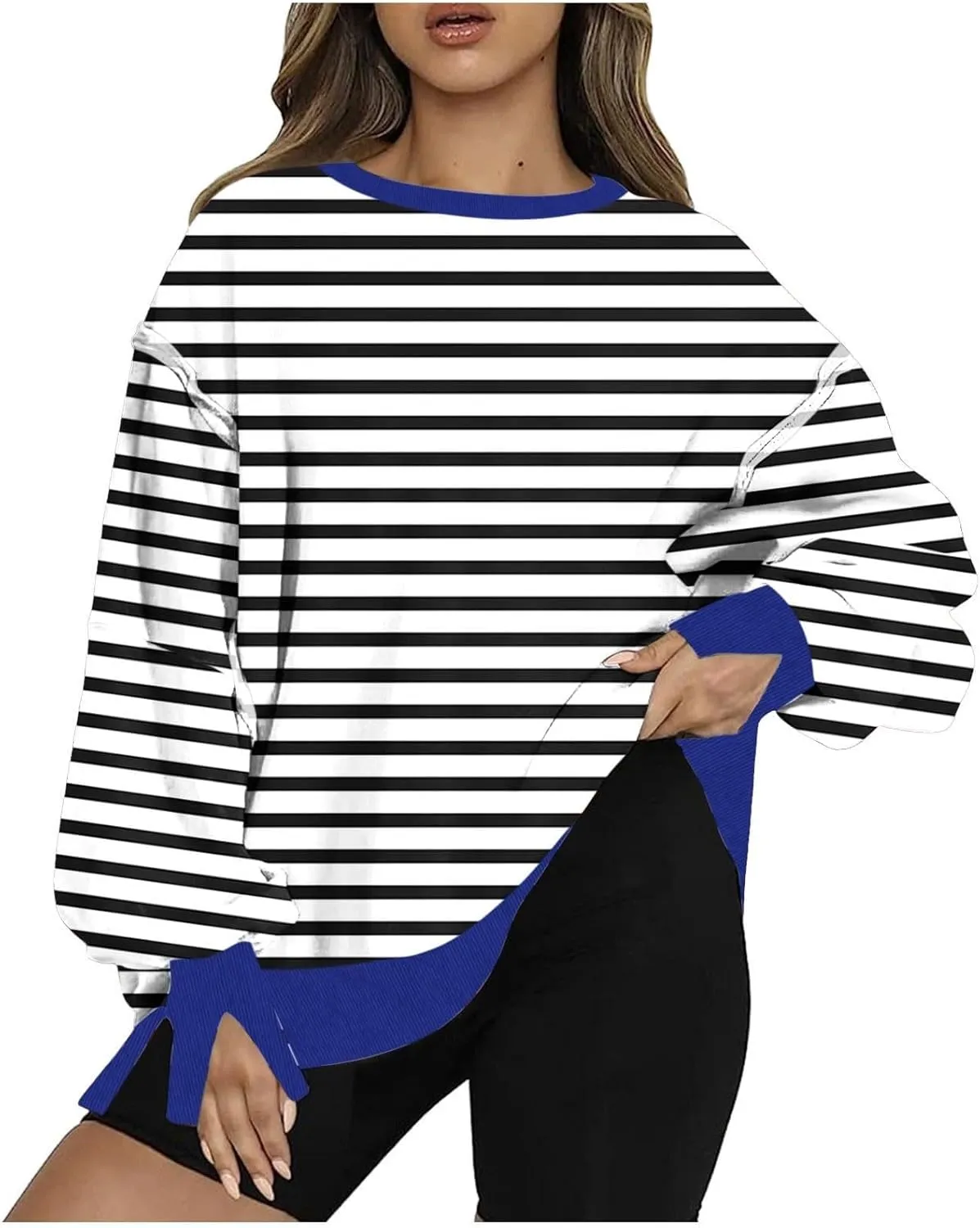 Oversized Sweatshirts for Women Loose Fit Striped High Low Asymmetrical Hem Hoodie Long Sleeve Round Neck Sweatshirts