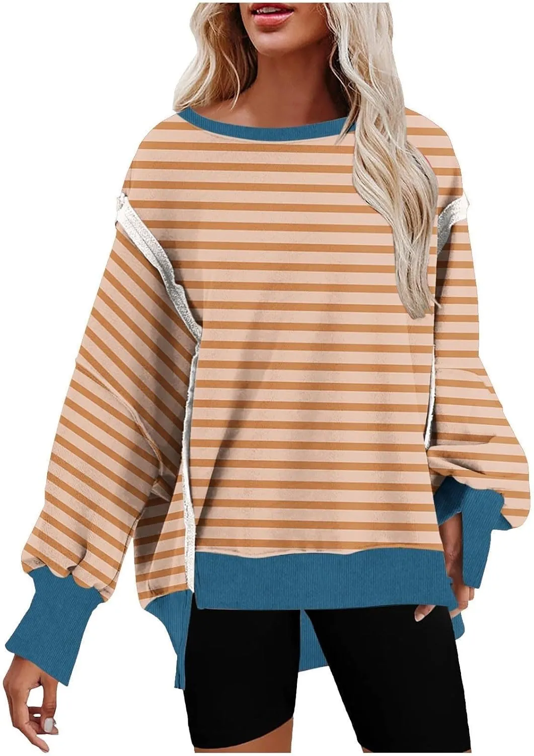 Oversized Sweatshirts for Women Loose Fit Striped High Low Asymmetrical Hem Hoodie Long Sleeve Round Neck Sweatshirts