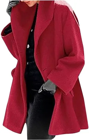Oversized Wool Trench Coats Women Winter Warm Button Outerwear Casual Long Sleeve Pea Coat Fleece Cardigan Jacket