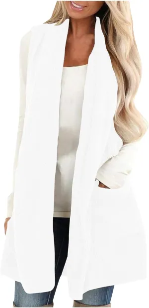 Pea Coats for Women 2024 Winter Fashion Sleeveless Cardigan Tops Fleece Long Coat with Pockets Outerwear