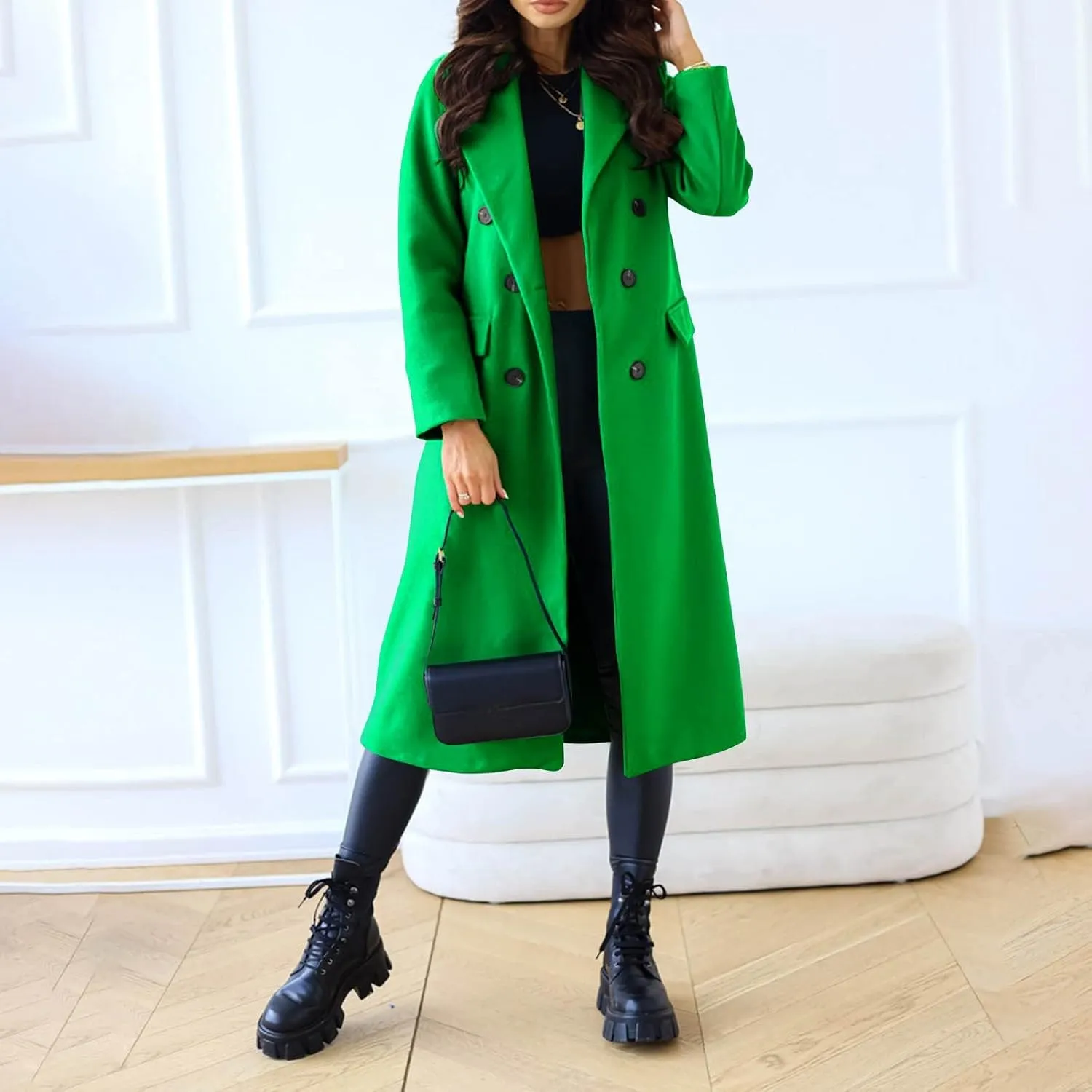 Pea Coats for Women,2023 Winter Clothes Trendy Notched Lapel Long Trench Coat,Elegant Classic Plain Blend Overcoat