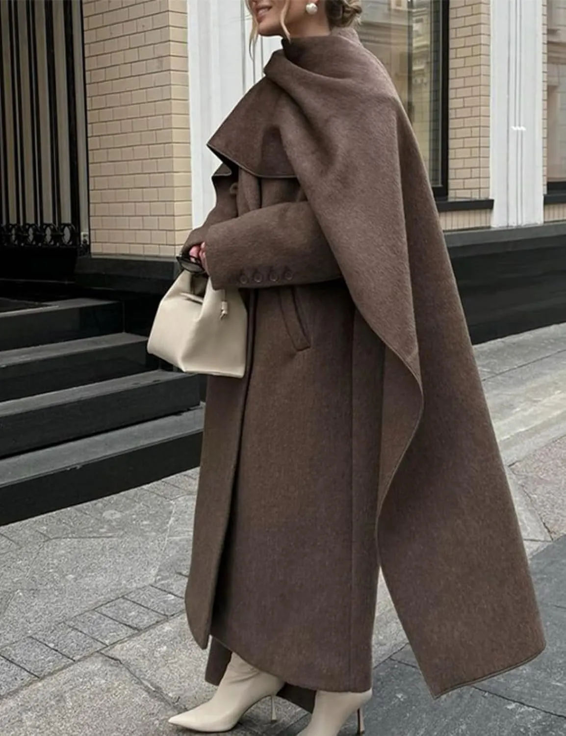 Perbai Women's Elegant Wool Blend Scarf Jacket Notched Lapel Double Breasted Long Trench Coats Overcoat