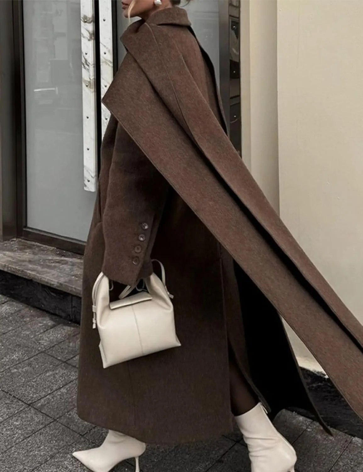 Perbai Women's Elegant Wool Blend Scarf Jacket Notched Lapel Double Breasted Long Trench Coats Overcoat